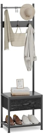 Metall Garderobe Sitzbank Stauraum 154x30x45cm Schwarze Holzmaserung | Leader Accessories Garderobenständer mit Schuhablage und Sitzbank Standgarderobe für Jacken Mäntel und Schuhe Flur