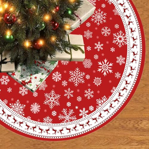 Christmas Tree Skirt Red Large 48in Tree Base Cover White Snowflake & Red Reindeer Christmas Xmas Tree Collar Decoration for Winter New Year Holiday Party Decor