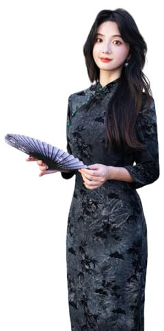 Qipao Sexy,Vestido De Noche Chino De Manga Larga para Mujer, Cheongsam Qipao, Vestido De Noche, Estilo Vintage, Tradicional, con Cuello Mandarín, Sexy, Ajustado, Largo, con Abertura, Vestido Negro
