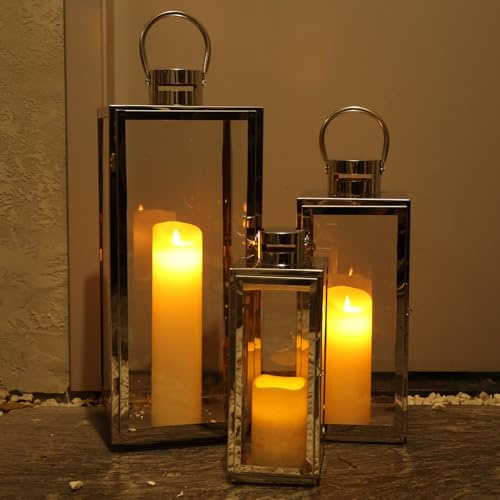 DECORKEY Stainless Lanterns Decorative Outdoor & Indoor, Set of 3 Outdoor Lanterns for Porch, 25''/19.5''/15''Large Candle Lantern Stainless with Glass, Vintage Farmhouse, Patio, Pathway, Garden, Fall