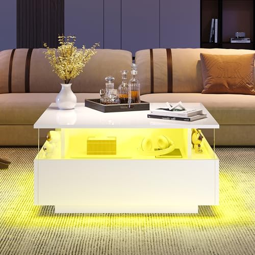 Merax Quadratischer Couchtisch mit Stauraum, moderner LED-Couchtisch, quadratischer Teetisch mit 2 Schiebeschubladen, matter Mitteltisch für Wohnzimmer, Teetisch, Weiß, 70 x 70 x 41 cm