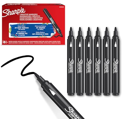 Sharpie Creative Marker Acrylic Paint Pens | Bullet Tip Water-Based Paint Markers | Black | No-Bleed Ink Writes on Most Surfaces | Crafting & Art Supplies | 6 Count