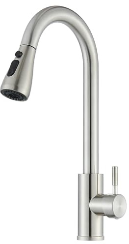 HARNART Brushed Nickel Kitchen Sink Tap Single Lever Mixer Tap with Pull Out Spray Telescopic High Pressure 360° Swivel Stainless Steel Kitchen Mixer Tap with 3 Modes(Spray Stream Pause)