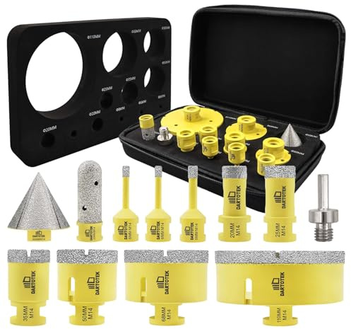 DARTOTEK Fliesenbohrer Set 12 tlg - 6/6/8/20/25/35/50/68/110mm M14 Bohrkronen, 20mm Fingerfräser, 50mm Fasenbohrer, M14 - Hex Adapter für Keramik, Porzellan, Fliesen, Marmor