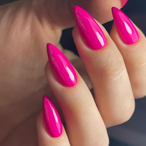 KQueenest Heiß Rosa Press On Nails Mittel Mandel - Acryl Nägel zum Aufkleben, Natürlich Einfarbig Fake Nails Fingernägel zum aufkleben, Glänzende Gel Full Cover Kunstnägel für Frauen 24 Stück