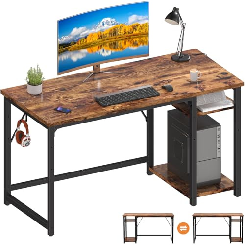 Airfish Mesa Escritorio, Escritorio Ordenador con Estanteria, Mesa de Juego, 120x50x75cm, con Estante Organizador, Gancho para Auriculares, para Oficina, Dormitorio, Sala de Estudio Marrón