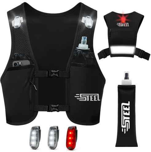 Giubbotto Running Idratante Riflettente LED Recheargeable, Porta Bottiglia d'acqua Regolabile, Gilet leggero, Borraccia Idratante 500 ML per Escursionismo, Trail, Running (NERO)