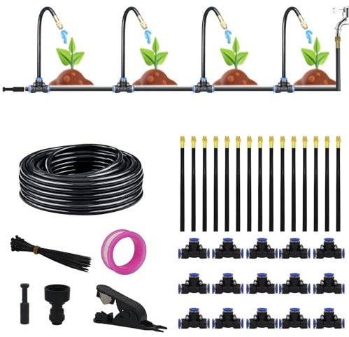 Irrigation System Kit,360°Adjustable Automatic Garden Watering System with 15 Nozzles, Quick Connect Drip Irrigation System for Garden,Greenhouse, Lawn Yard & Plants,5/16 inch Hose(49.2Ft/15M)