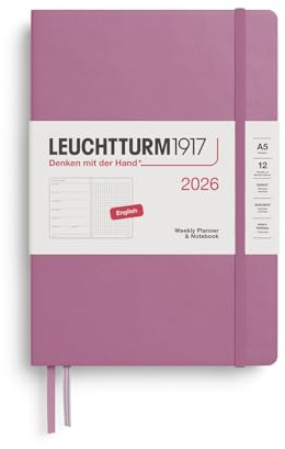 LEUCHTTURM1917 372701 Agenda semainier et bloc-notes 2026 à pois, format moyen (A5), rose poussiéreuse, en anglais