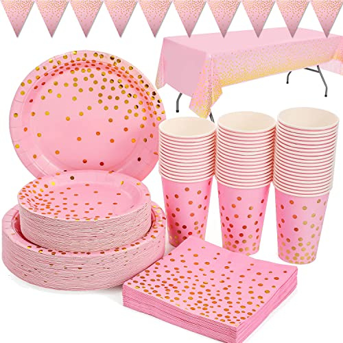 Duocute Pink und Gold Partygeschirr 99 Stück Golden Dot Partyteller Set Enthält Pappteller, Servietten, Tassen, Tischdecke, Banner, für Kinder Mädchengeburtstag, Baby Shower, Bachelorette-24 Gäste
