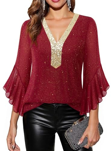 Bodhi talk Damen Oberteile Elegant: Festliches Outfit Damen Herbst 2025 - Party Cocktail Pailletten Oberteil - 3/4 Rüschenärmel Elegante Abendoberteile