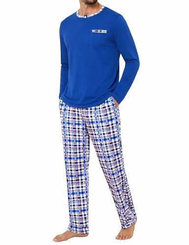 Jahetuul Men's Pyjamas Sets Cotton Long Sleeve Pjs for Men Loungewear Set Solid Top and Plaid Bottoms Nightwear with Pockets S-4XL