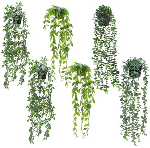 JIAYUET 6 Pack Artificial Hanging Plants with Pots,Eucalyptus Peas Mandala Fake Vines, Faux Trailing Greenery for Bathroom Decor, Office Wedding Wall Hanging