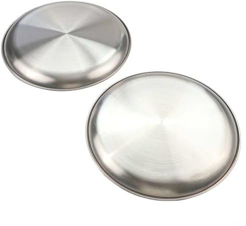 Yhenlovtt Stainless Steel Camping Plates Set of 2, Durable Round Outdoor Tableware for Hiking, Picnics, BBQ and Travel, Stackable Metal Dishware I(26x1.6cm)
