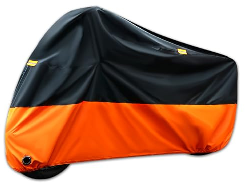 Motorrad Abdeckplane, 420D Oxford Motorradgarage Winterfest mit Schlosslöchern, 3 Reflektorstreifen - Wasserdicht, UV-beständig für Honda, Yamaha, Suzuki, Kawasaki (Orange,L (220×95×110cm))