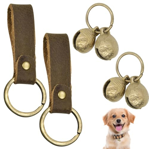 CYUXING 2 campanelli in ottone con 2 accessori in pelle per collari per cani, suono forte per animali domestici, ciondolo anti-smarrimento per collari per gatti, portachiavi