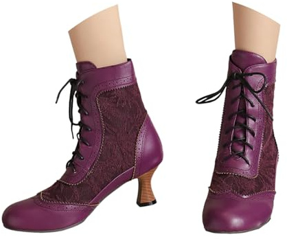 Generisch Stivaletti da donna vintage vittoriani, con lacci, alla caviglia, con tacco, Lilla, 39 EU