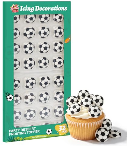 Twisweet Football Cupcake Toppers 32 PCS, Edible Football Cake Decorations | 3D football icing decorations for cupcakes, cookies, brownies and cakes; ideal for birthdays, football parties and match days