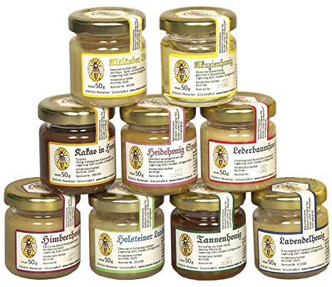 Imkerei Nordheide – 9x 50g naturbelassener Honig Probierset | Geschenkset | Berufsimkerei seit 1978 | zum Kennenlernen oder Verschenken, Kombination variiert