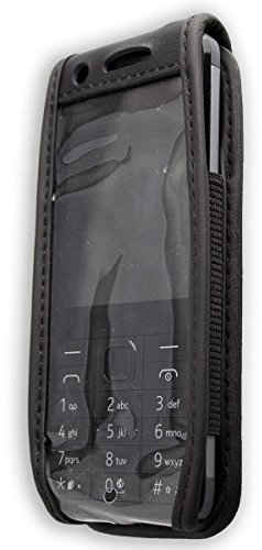 caseroxx Ledertasche mit Gürtelclip für Nokia 230 in schwarz – robuste Handy-Tasche mit Sichtfenster & Gürtelclip aus Echtleder, ideal für Beruf, Freizeit, Outdoor & sicheren Transport