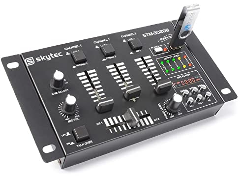 Vonyx STM-3020B Table de Mixage 6 Canaux - Port USB, 3 Canaux Mono/Stéréo Commutables, 2 Canaux Phono/Ligne Commutables, 2 Entrées Micro avec Fonction Talkover, Sortie Casque, Idéal pour DJ Mobile
