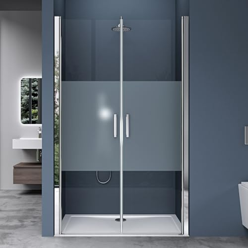 doporro Nischentür Duschtür 140x195cm Duschkabine 6mm ESG-Sicherheitsglas | Milchglas-Streifen mit Nano-Beschichtung | Doppeldrehtür mit Hebe- und Senkmechanismus | Chrom-Aluminiumrahmen | Teramo24MS