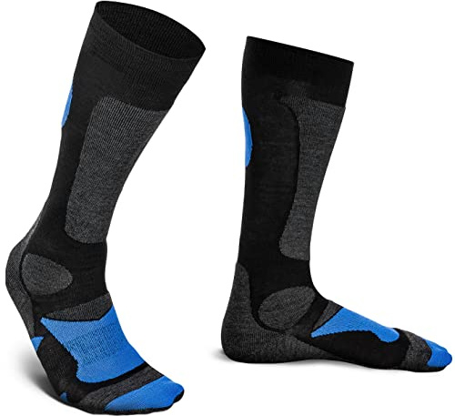 Piarini 2 Paar Unisex Skisocken Skistrumpf Herren Damen Wintersport Snowboard atmungsaktive Knie-Strümpfe Schwarz-Blau Gr.43-46