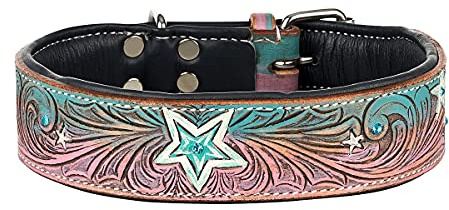 MICHUR Stardust Hundehalsband Leder, Lederhalsband Hund, Halsband, Leder, Stern Muster, Braun Grau Pink Grün, mit Steinchen, in verschiedenen Größen erhältlich