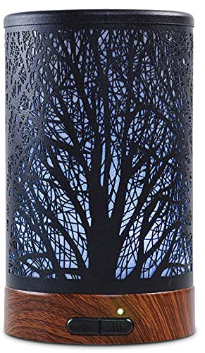 EQUSUPRO Essential Oil Diffuser 150ml Black Metal Aromatherapy Oil Diffuser Ultrasonic Cool Mist Diffuser with Auto Shut-Off Protection,7 Colors Changed LED for Home Office SPA Yoga (A-Tree)