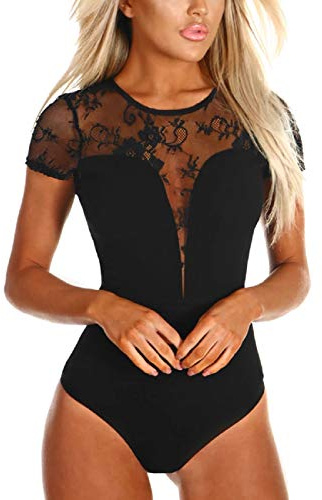 SEBOWEL Body Femme Sexy en Dentelle Maille Transparente à Manches Courtes, Justaucorps à Manches Courtes, Corsage, Chemisier, T-Shirt Clubwear (S, Noir)