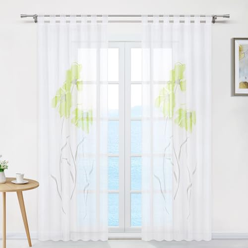 ESLIR Gardinen Vorhänge Gardinenschals Transparent Schlaufenschal mit Blumen Druck Grün BxH 150x225cm 1 Stück
