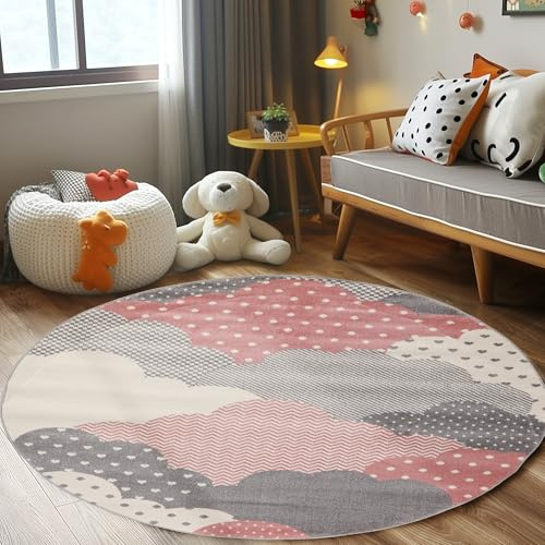 Carpettex Kinderteppich Kinderzimmer Wolke Design Kinder Teppich Babyzimmer Weicher Flor, Farbe: Pink, Größe: 120 cm Rund