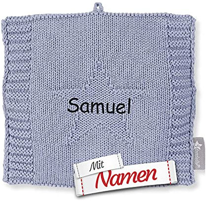Sterntaler Wärmekissen Baby Kinder personalisiert mit Namen, Blaues Strick-Wärmesäckchen, Hafer Getreide Füllung, Mikrowelle, 15x15cm, Für Babys ab dem 1. Monat (Blau)