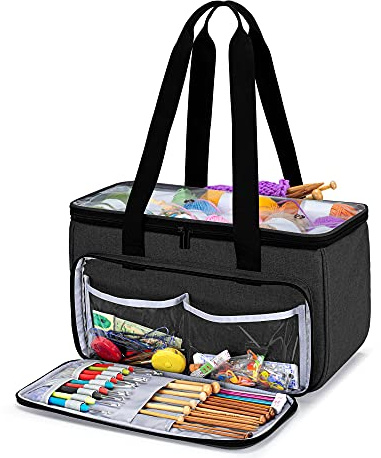 Yarwo Tasche für Garnaufbewahrung, Stricktasche zur Aufbewahrung von Wolle, Handarbeitstasche mit Großer Kapazität für Häkelnadeln, Strickgarn und Stricken Zubehör, Schwarz mit Pfeilmuster
