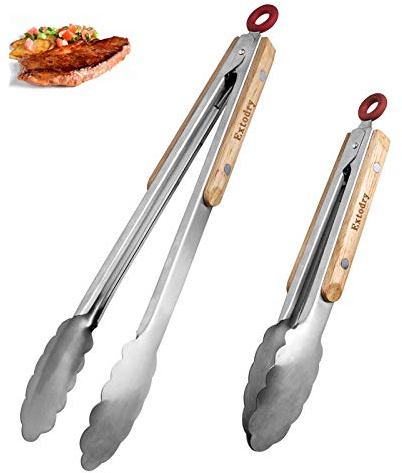 Extodry Robuste Küchenzange-Grillzange Edelstahl,leicht zu Haltender-Hitzebeständigen Holzgriffen Kochzange,Zum Fleisch,Spaghetti,Wurstzange,Zubehör für Küchenutensilien aus Metall