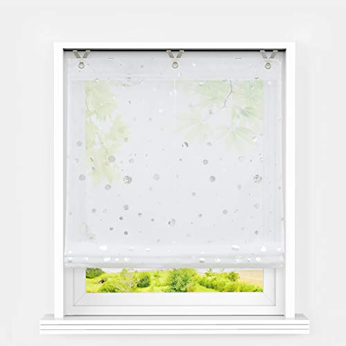 Heichkell Raffrollo mit Ösen Voile Moderne Raffgardine ohne Bohren Kleinfenster Gardine Küche Glänzende Kreise-Dekomuster Weiß BxH 60x130 cm