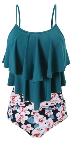 FLYILY Damen Zweiteiler Badeanzug mit High Waist Shorts Tankini Sets mit Doppel-Rüschen(2-GreenFlower,M)