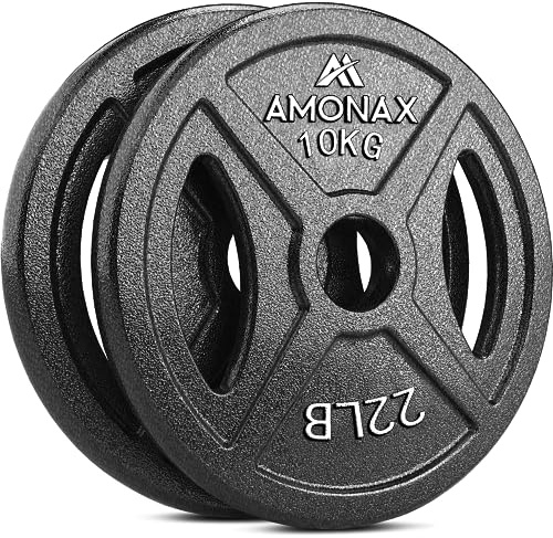 Amonax Set di dischi pesi, dischi palestra da 2,5kg, 5kg, 10kg per barre olimpiche da 50mm, pesi per bilanciere per sollevamento e hip thrust, pesi ghisa per la tua palestra domestica
