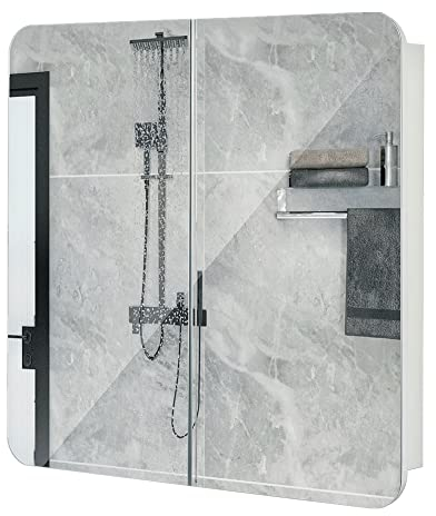 Meerveil Spiegelschrank, Badezimmerspiegel mit 2 Türen 5 Einlegeböden Holz Moderner Stil, 68 x 13 x 66 cm F1015BC12WT Weiß - Bogen