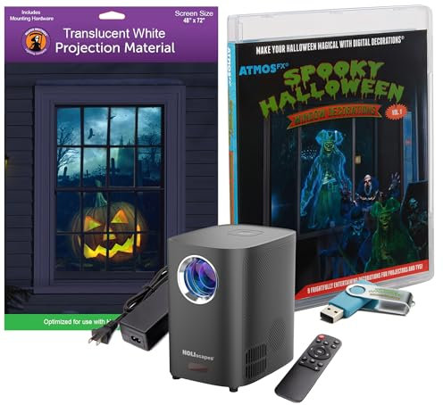 Reaper Brothers Spooky Halloween Digital Decoration Kit Includes 9 AtmosFX Video Effects for Halloween Plus HD Super Bright Projector and 48” x 72” Holographic Projection Screen