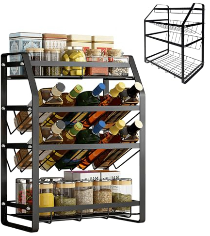 LZQ Gewürzregal Schrank,Spice Rack Organizer mit 4 Etagen,ohne Bohren,45°Doppellagige Schräglage,für Gewürzflaschen Gläser Ölflaschen Speisekammer Lagern Spice Rack,52X35X20cm,Schwarz