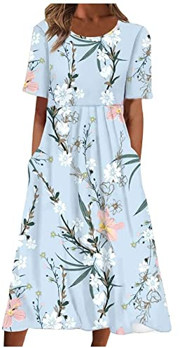 Andiwa Dam boho-klänning kortärmad O-hals fickklänning ledig tryck kort rund hals klänning vårklänningar, BLÅ, L