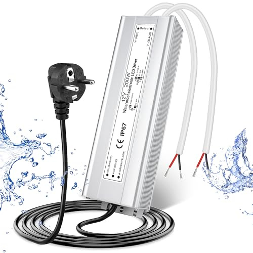 LED Trafo 12V 200W IP67, Outdoor Wasserdicht Transformator mit Stecker, Netzteil Treiber 230V auf DC 12 Volt Adapter, LED Driver Außen für LED-Streifen Lampen Strahler Lichtbänder