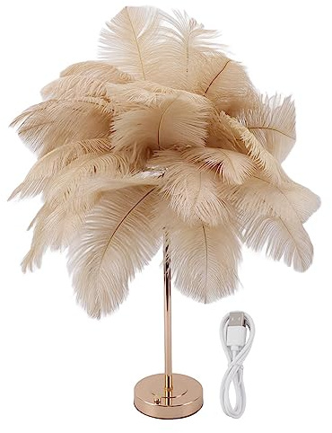 Lampes de Table sans Fil, Lampe de Bureau à Commande Tactile Légère, Lampe de Chevet LED Lanterne Rechargeable, Veilleuse en Plumes D'autruche, Lampe de Chambre (Bronzage léger)