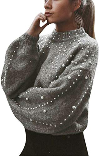 Pärlor, pullover, rund hals, sweatshirt för kvinnor, mode, enfärgad, elegant tröja med pärlor, dekorerad lösa långa ärmar, stickad tröja, jumper, topp, stickade kläder för vinter, höst, GRÅ, M