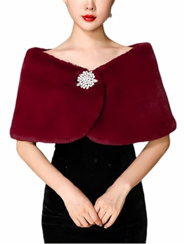 BESTORI Stola Donna Coprispalle di Pelliccia Sintetica Invernale Sciarpa per Sposa e Damigelle d'onore Borgogna