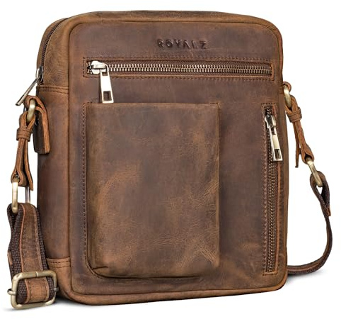 ROYALZ Antonio Herren Umhängetasche Leder klein – Echtleder Crossbody Ledertasche für Männer im Vintage Look – kompakte Messenger Bag mit Reißverschluss;Farbe:Roma Cognac Braun