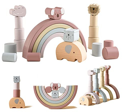 OESSUF 21 Stück Balancieren Stapeln Bausteine Spielzeug, Regenbogen Holzspielzeug Lernspiel Geschenk mit Tiermotive, Intelligenz Entwicklung Motorikspielzeug für Kinder
