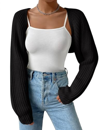SECRETEYARD Women's Long Sleeve Open Front Knitted Crop Cardigan Drop Shoulder Knit Bolero Shrug Sweater Black