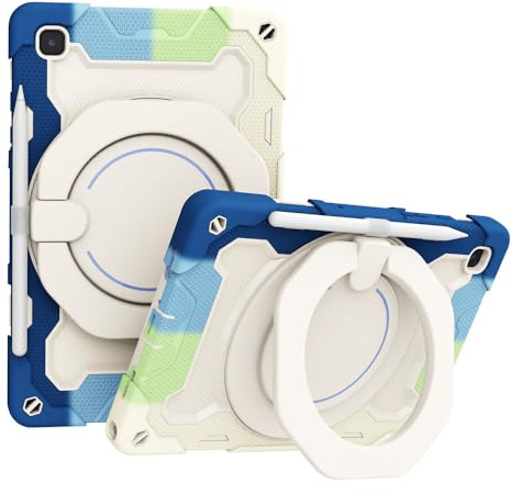 JZ Handheld Rotating Ring Bracket Armour Silicone Ständer Fall für Samsung Galaxy Tab A7 10.4 inch (2022/2020) T509/T503/T500/T505/T507 Tablet - [Schultergurt][Winkeleinstellung] - Colorful Blue